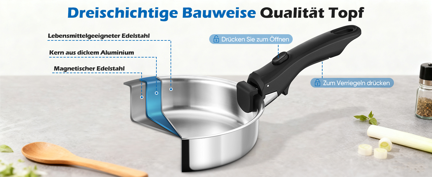 Набір каструль Joyfair, 9 предметів, з нержавіючої сталі, знімний ручка, для індукційних плит, сумісний з усіма типами плит, можна використовувати в духовці та мити в посудомийній машині