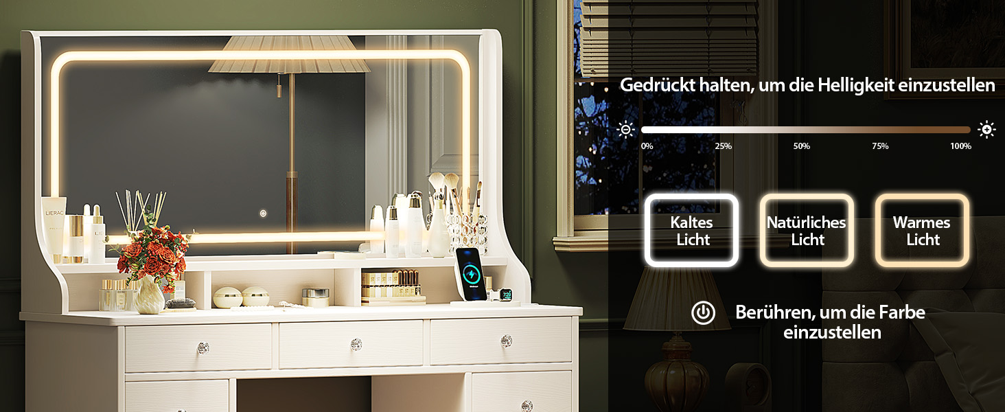 Діплекс туалетний столик з підсвіткою, 110 см, з 11 шухлядами та LED-дзеркалом, білий. Сучасний туалетний столик для спальні та гардеробної