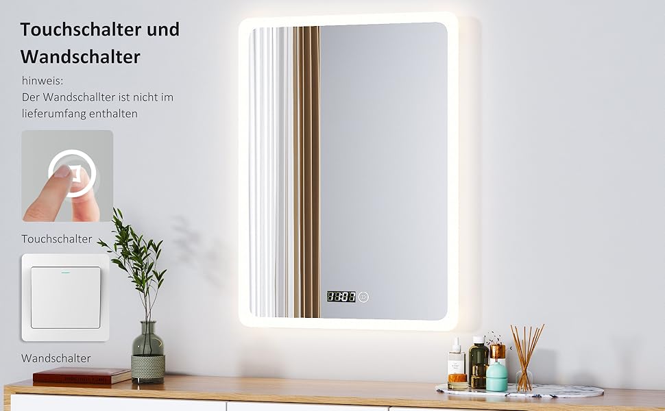 Дзеркало для ванної кімнати з підсвічуванням та годинником Boromal 50x70 см, диммер, 3 кольори світла, 2470 лм