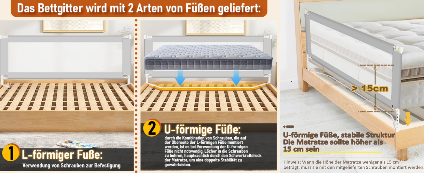 Бортики для ліжка дитячі Ikodm 2x200 см + 1x180 см, регульовані по висоті (64-96 см), сірі, з U-подібними ніжками, захист від випадання