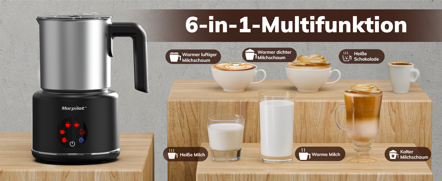Morpilot Електричний піноутворювач молока 6-в-1, для капучино, лате, гарячого шоколаду, 130-500 мл, 600 Вт, антипригарне покриття, нержавіюча сталь, чорний
