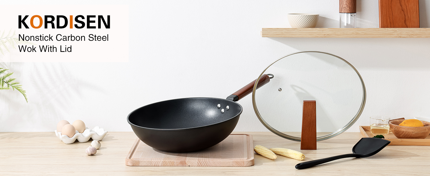 Кордісен Вок з антипригарним покриттям 33 см, 5.6 л з кришкою, без хімічного покриття, попередньо приправлений, підходить для індукційних, електричних та газових плит