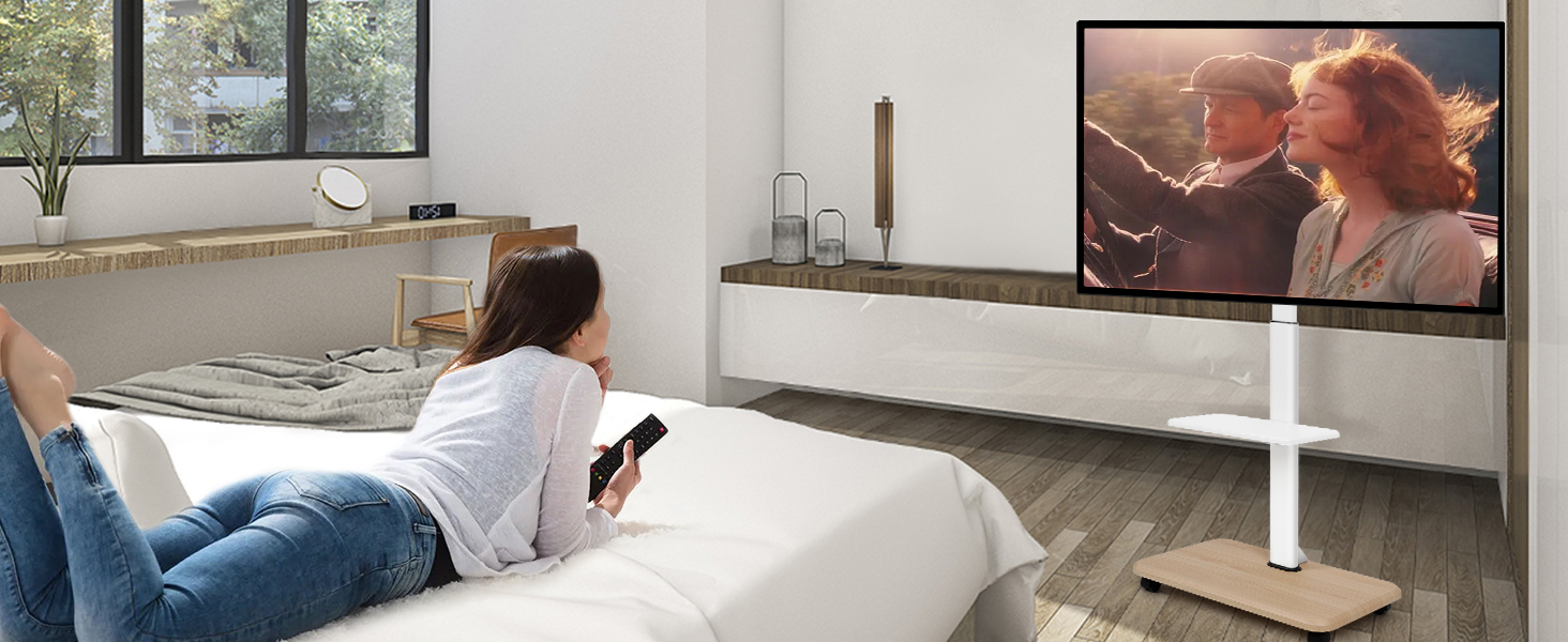 Мобільний ТВ-стіл Hellsehen для LED/LCD/OLED телевізорів 32-70 дюймів (до 45.4 кг), білий, з регулюванням висоти та блокованими колесами
