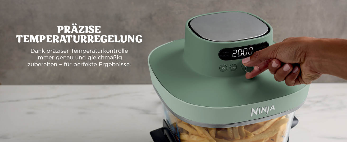 Скляна аерофритюрниця Ninja CRISPi PRO XL Air Fryer з 5 функціями, контейнерами CleanCrisp (5,7 л та 2,3 л) та кришкою для зберігання, колір моховий зелений, AS090EUGN
