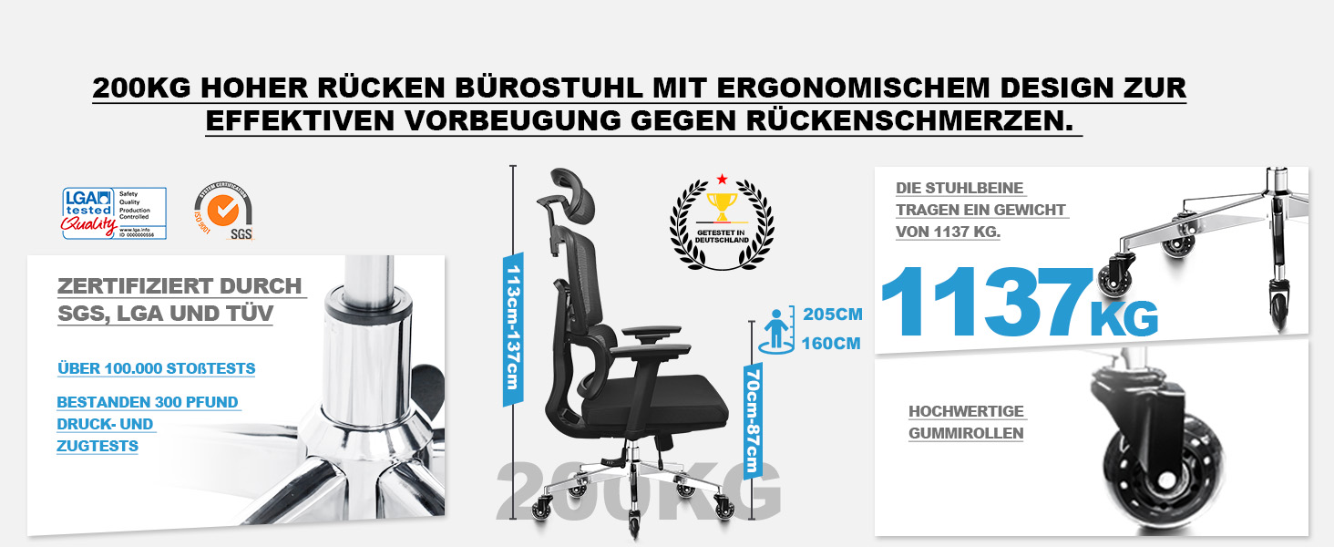 Ергономічне офісне крісло 200 кг | Регульована спинка 6P | 4D підлокітники | Безшумні гумові колеса | Регулювання глибини сидіння | Крісло для великих людей | Перевірено EN12520 | Пінощільність 45