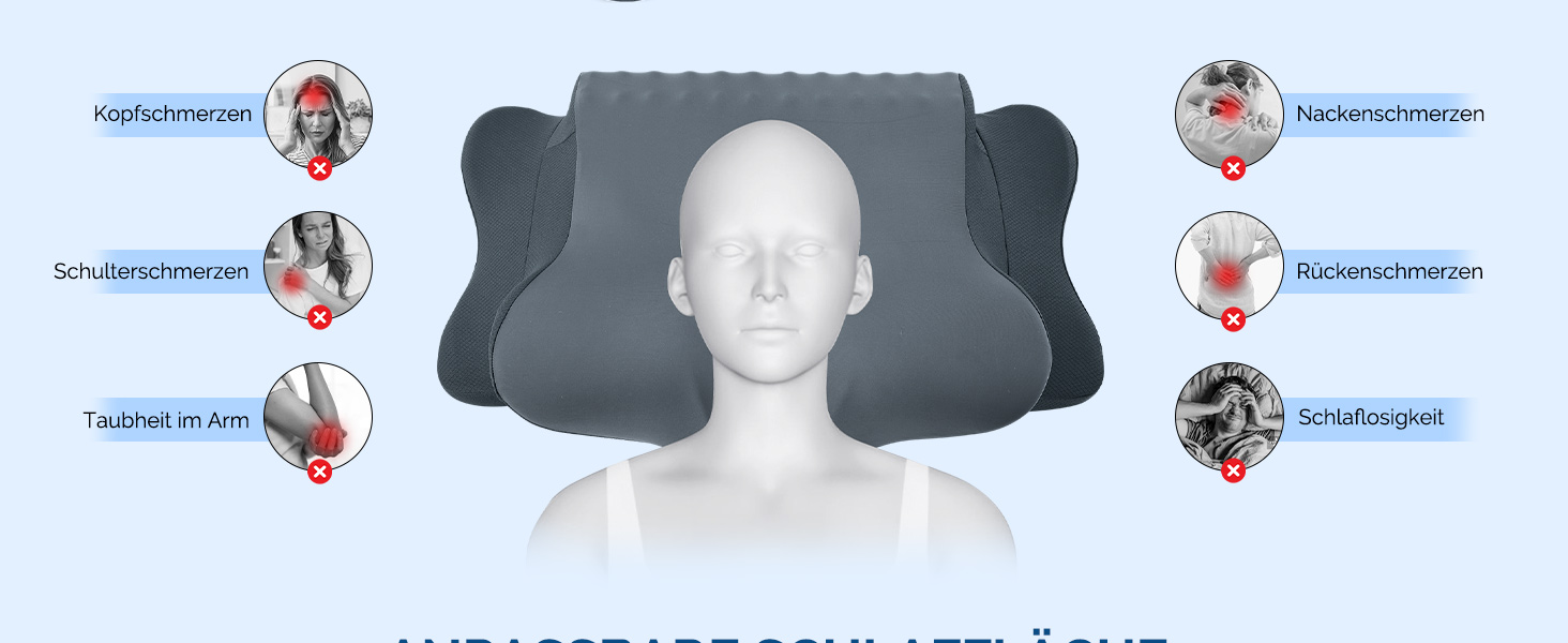 Подушка для шиї з піною з пам'яті, ергономічна подушка для сну, подушка для підтримки шиї для тих, хто спить на боці, спині та животі, сіро-білий колір (темно-сірий, 64 x 39 x 13 см)