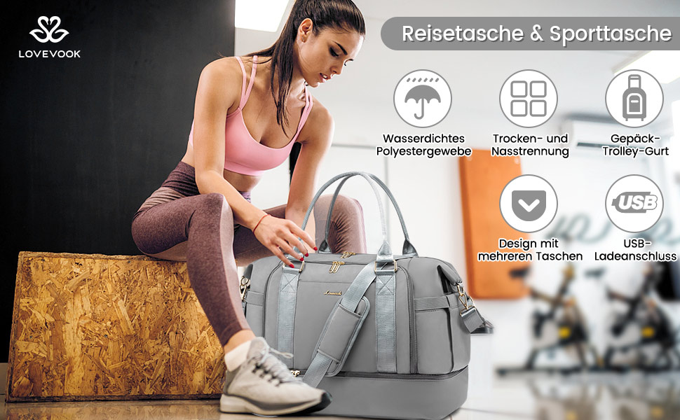 Спортивна сумка LOVEVOOK для подорожей, жіноча дорожня сумка Weekender з косметичкою, відділенням для взуття та мокрих речей, водонепроникна, 37L, сіра