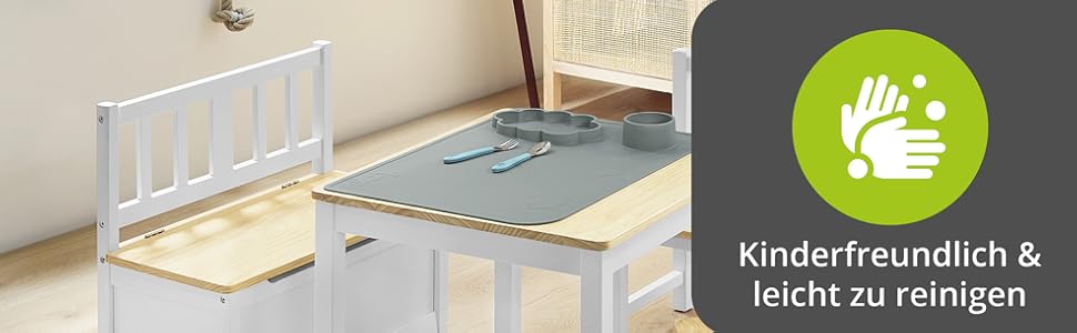 Дитячий меблевий набір Bomi Anna: стіл, 2 стільці та лавка-сховище | Меблі для дитячої кімнати з FSC сертифікованого дерева | Білий