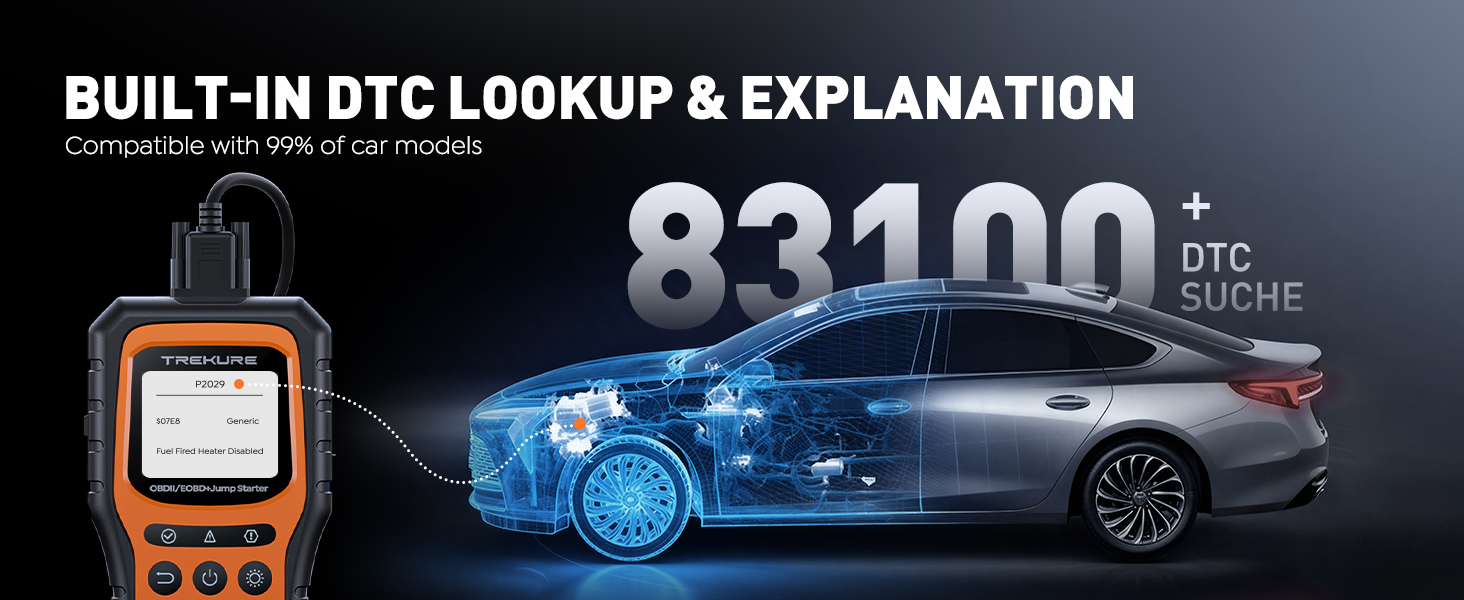 Бустер для авто TREKURE 7000A: Пусковий пристрій 12V з тестером акумулятора та OBD2 діагностикою для бензинових та дизельних двигунів до 10.0L, з LED-ліхтарем