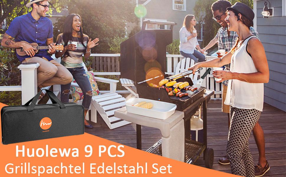 Набір для грилю Huolewa, нержавіюча сталь, 9 предметів: лопатка, щітка, викрутка, сумка. Професійний аксесуар для BBQ, тепаньякі та кемпінгу