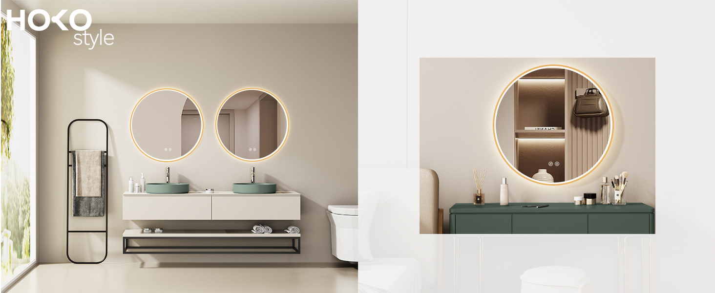 Дзеркало для ванної кімнати HOKO Design Riga діаметром 60 см з металевим каркасом. Кругле настінне дзеркало з енергозберігаючою LED-підсвіткою, сенсорним вимикачем, регулюванням кольору світла (тепле біле, холодне біле, нейтральне) (80x80 см, золото + антивміст)