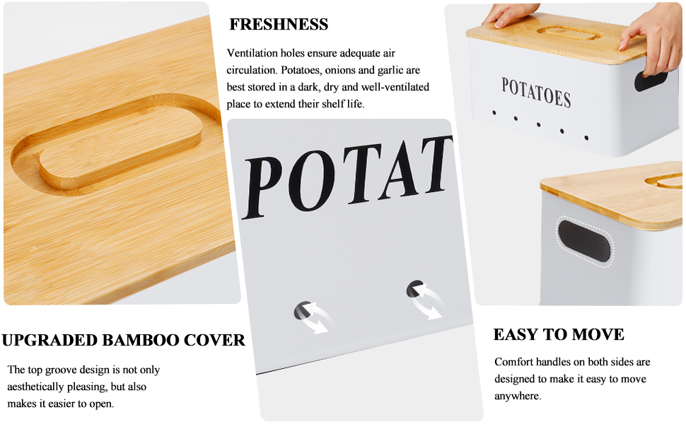 Набір контейнерів для картоплі, цибулі та часнику [3 шт] з бамбуковими кришками | Коробки для зберігання овочів з вентиляцією | Чорний