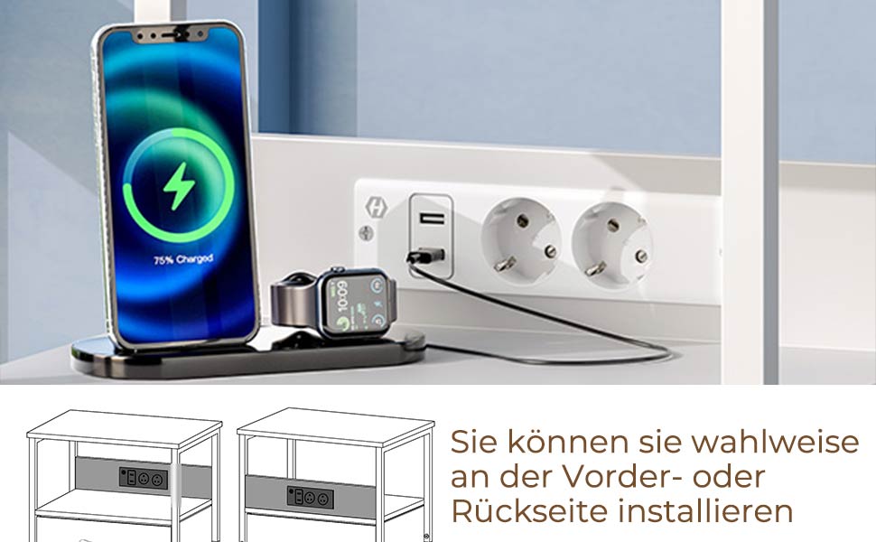 Приліжкові столики Rolanstar з LED-підсвічуванням та USB, набір з 3-х столів з висувними ящиками, для вітальні та спальні, білий, 40 x 30 x 60 см