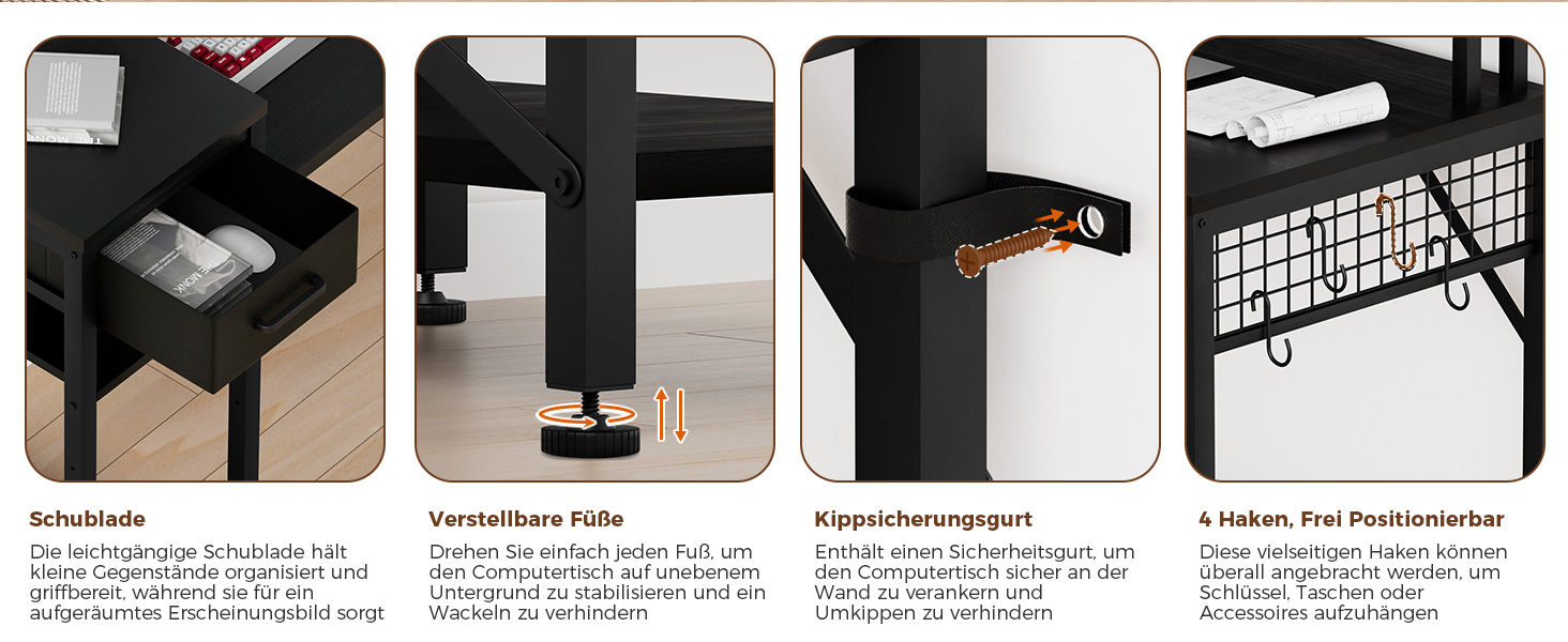 Ігровий стіл Oak & Tea 120x52 см з ящиками, регульованою полицею та підставкою для монітора – для роботи, навчання та геймінгу, коричнево-чорний