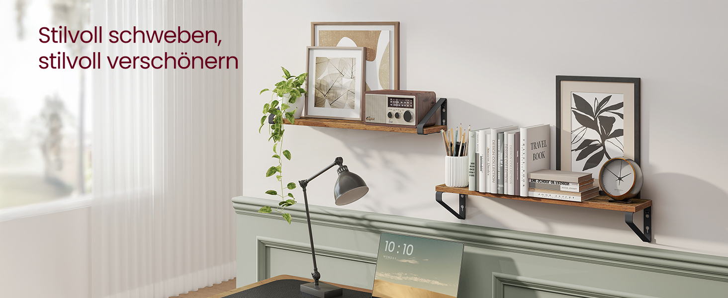 Настінна полиця VASAGLE, 6 штук в наборі, полиці-дошки, 2 способи монтажу, 30/35/40 см, для вітальні, кухні, кабінету, ванної кімнати, вінтажний коричневий + матовий чорний, LWS033K02