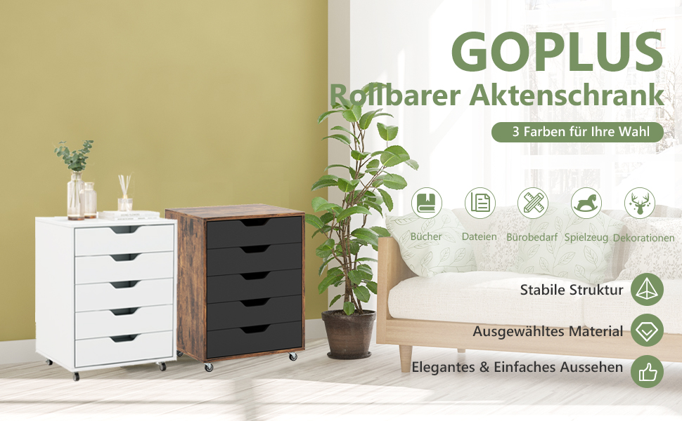 Контейнер GOPLUS з шухлядами, мобільний офісний шафка на колесах, білий, 48 x 39,5 x 65,5 см