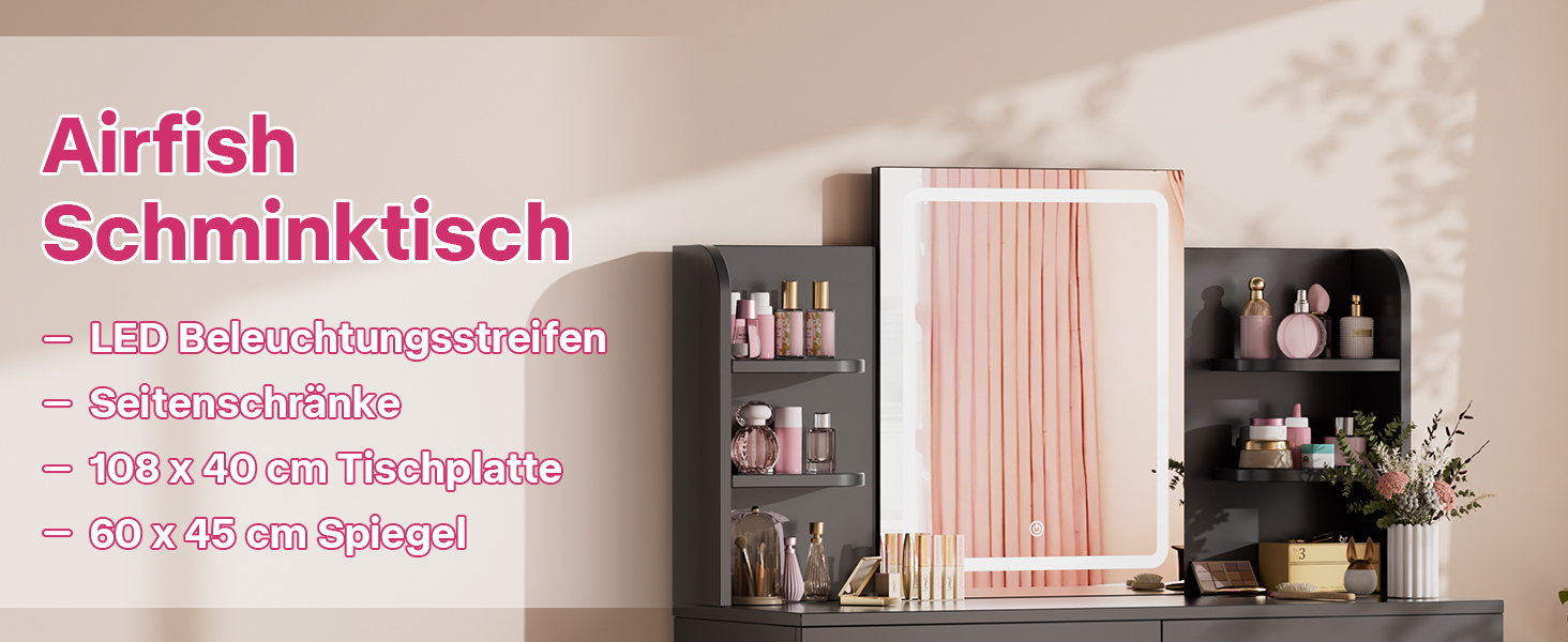 Великий туалетний столик Airfish з підсвічуванням 108x40 см, з дзеркалом та полицями, 2 шухляди, регульована яскравість, 3 кольори, для спальні/вітальні (білий туалетний столик) (чорний туалетний столик)