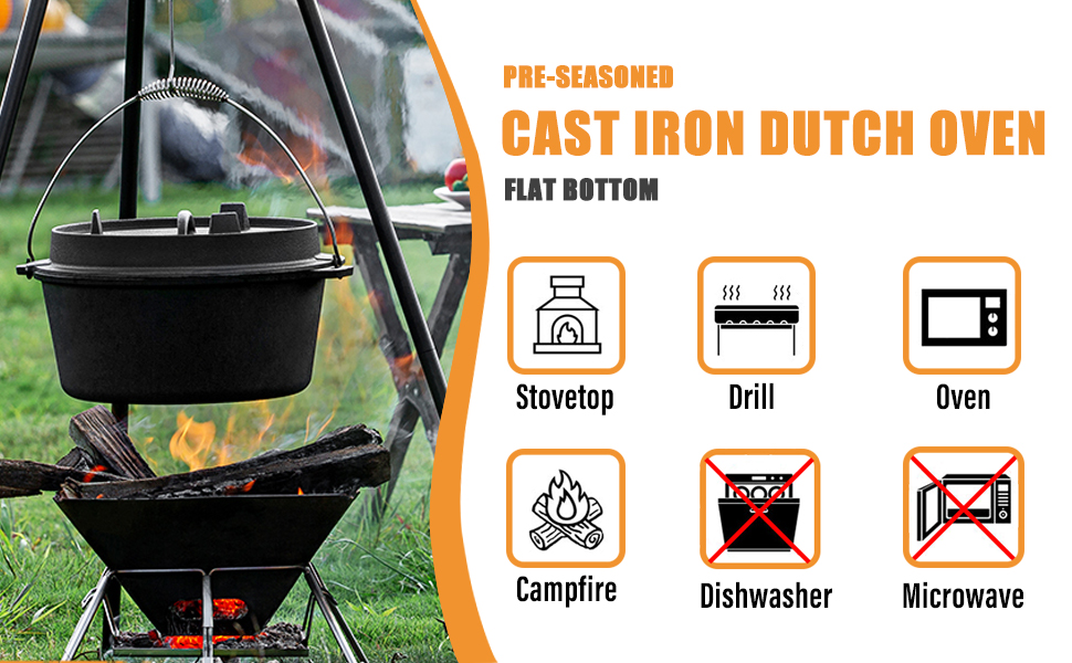 Нідерландський горщик (Dutch Oven), набір 9 літрів, чавунний горщик з кришкою-підйомником, 2-в-1, для приготування їжі на відкритому вогні та в приміщенні, чорний