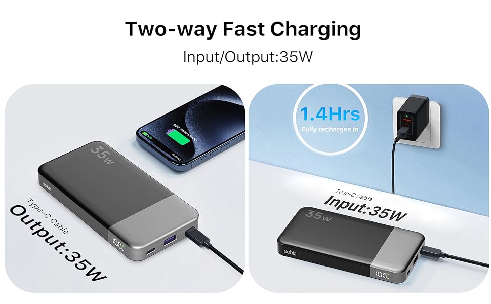 Power Bank NOBIS 35W 10000mAh з цифровим дисплеєм, USB-C, PD, QC, для смартфонів, планшетів, камер (Чорний)