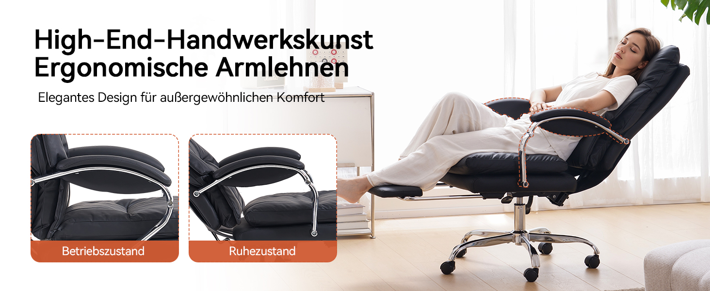 Офісний крісло EMIAH з підніжкою, комфортний крісло для роботи з підлокітниками, ергономічний крісло для начальника з PU шкіри та роликами, ігровий комп'ютерне крісло з потовщеною подушкою,(Чорний)