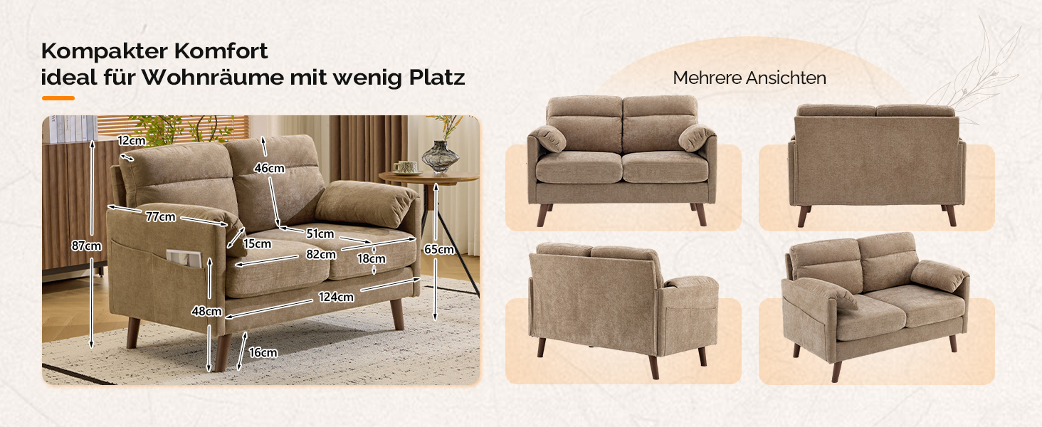 Диван Bonnlo 2-місний, компактний, 125 см, тканинний, з м'якими підлокітниками, для офісу, вітальні, спальні, кабінету, легка збірка, льон, коричневий