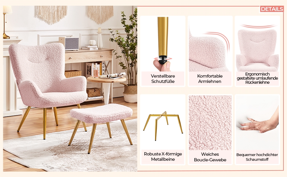 Крісло-мішок Yaheetech з м'якої тканини, крісло для відпочинку, телевізор, крісло-релакс, крісло-трансформер, стильний дизайн, білий (рожевий, з пуфом)