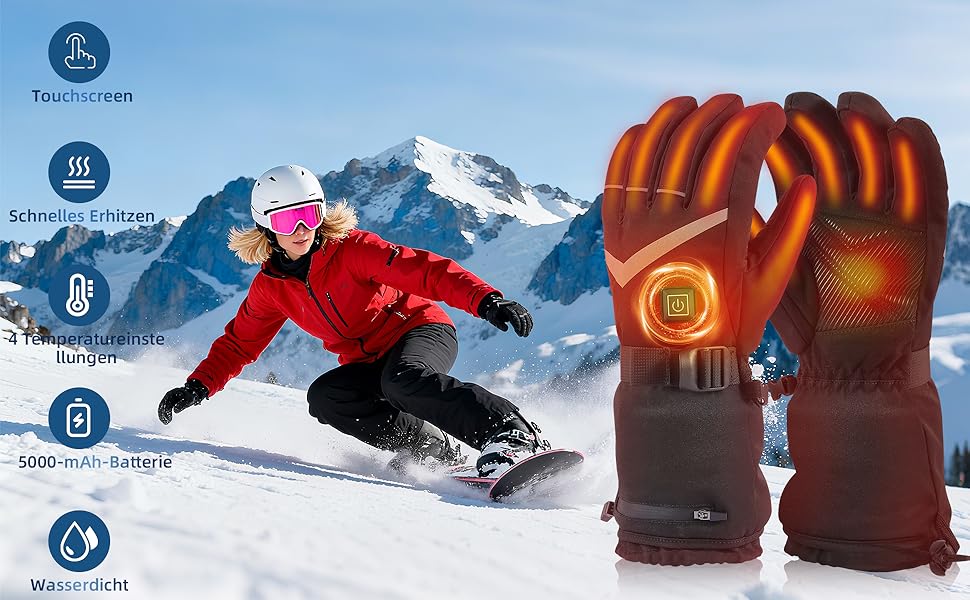 Обогріваючі рукавички для чоловіків та жінок, з акумулятором 5000mAh*2, 7.4V, 4 режими нагріву, перезаряджаються, зимові, непромокаючі, для катання на лижах та сноуборді