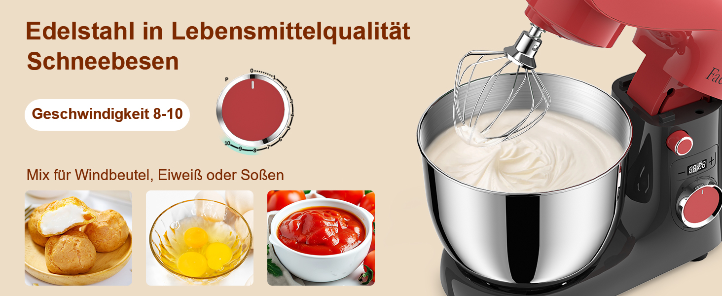 Кухонна машина-міксер Facelle 1500W з чашею 5.5L/4.5L, 10+ програм, тиха робота, з набором насадок (червоно-сірий)