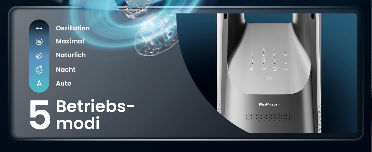 Pro Breeze Tower Fan 101 см без лопатей - вентилятор з LED дисплеєм, 6 швидкостей, 5 режимів, автоколивання 60°, таймер 7 годин (пульт, срібний)