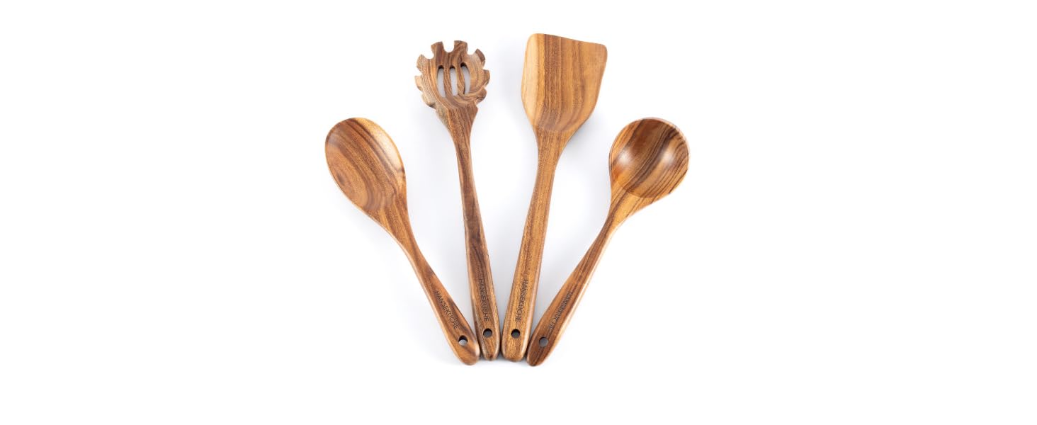 Набір кухонних помічників з дерева (9 шт.): щипці для гриля, вінчик, лопатка, ложка, шумовка. Матеріал: теак.