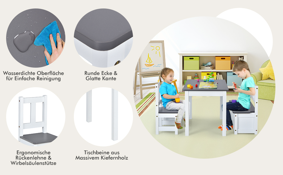 Дитяча меблева група COSTWAY з місцем для зберігання: стіл для малювання та 2 стільці, лавка, FSC-сертифіковане дерево, для дітей від 3 років (сірий)