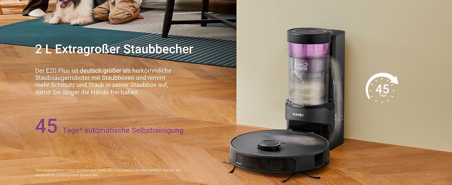 Робот-пилосос Eureka E20 Plus: 8000 Pa, самостійна очистка, DuoDetect AI, білий/чорний