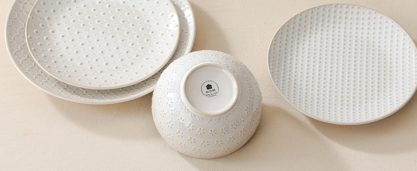 Набір посуду Malacasa LYDIA (24 шт.) для 4 осіб, бежевий: 16-ти частинний сервіз зі столових тарілок та чашок з рельєфом, з каменю
