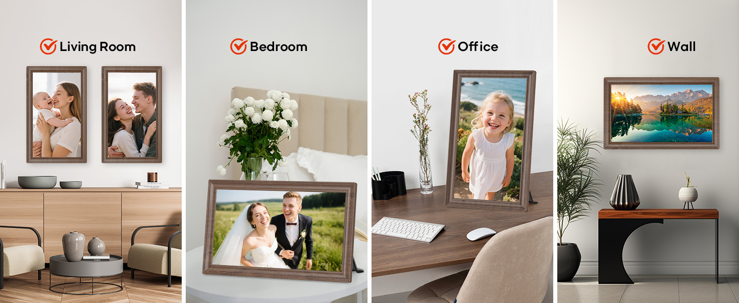 Цифровий фоторамка Frameo 10.1 дюйма з Wi-Fi, сенсорний IPS екран HD 1280*800, 32GB пам'яті, автоповорот, підтримка Frameo App для зручного обміну фото та відео, корпус з дерева (15.6 дюймів)