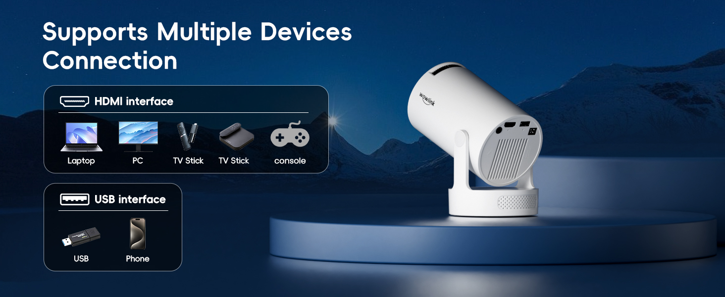 Портативний проєктор Mini Beamer 4K/1080P з WiFi 6, Bluetooth 5.4, Keystone 180°, сумісний з HDMI, TV Stick, Memory Stick, Laptop (Білий)