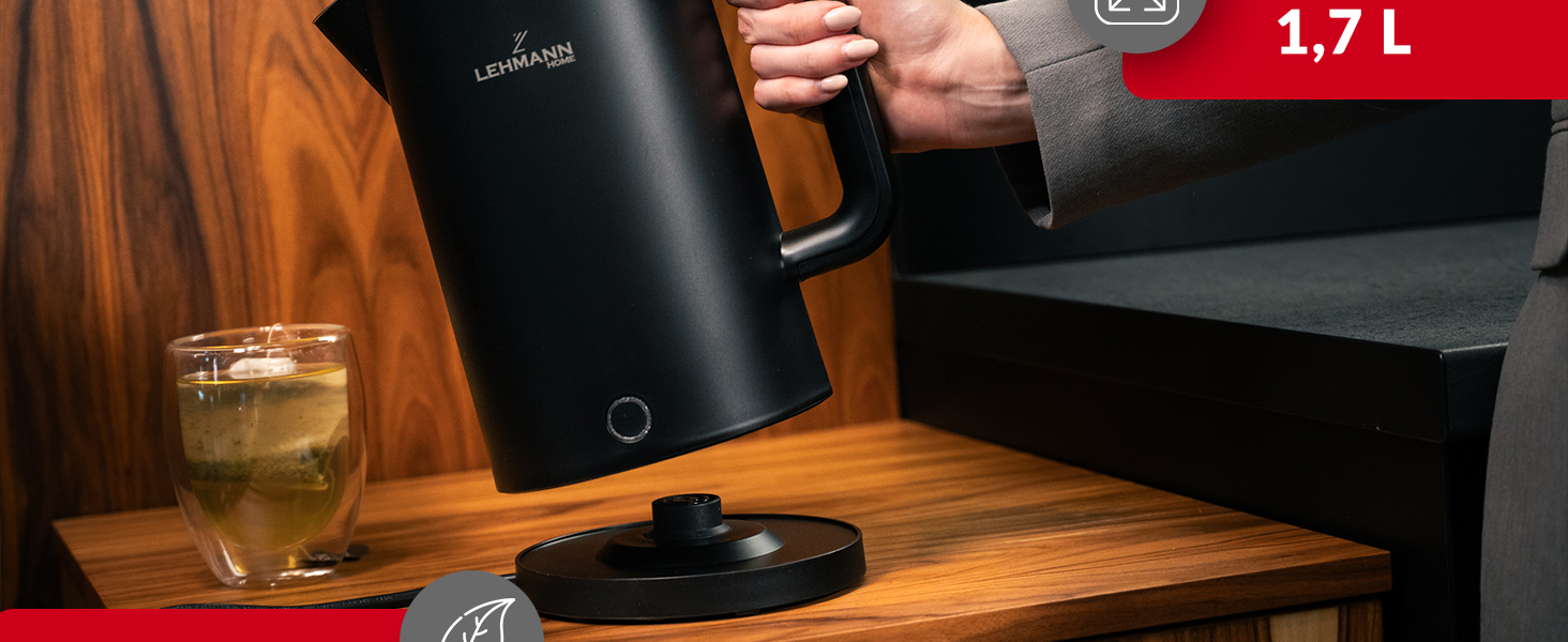 Електричний чайник Lehmann Edelstahl 1.7L, 2200W, чорний: швидкий нагрів, подвійні стінки, захист від перегріву, BPA-free, для дитячого харчування, чаю та кави