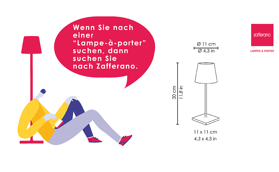 Zafferano Poldina Pro Mini – бездротова LED-лампа для дому та саду, білий колір, сенсорне керування, регулювання яскравості, 30 см, з зарядним пристроєм