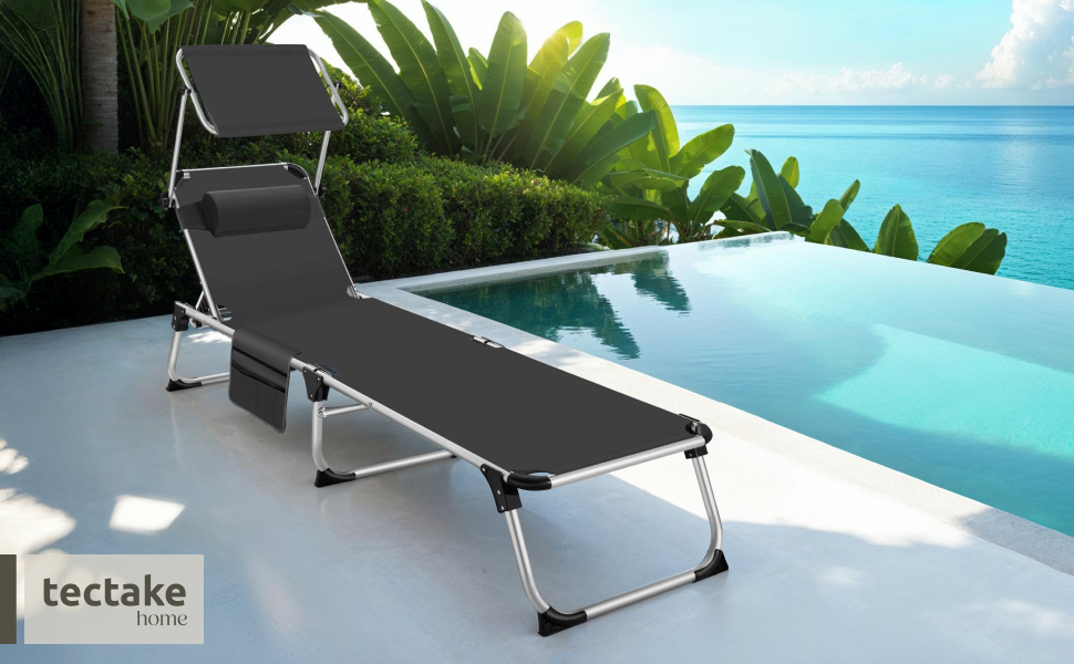 Шезлонг Tectake® з дахом: легкий, розкладний, для балкона, саду, кемпінгу та пляжу. Алюмінієвий, сірий меланж (чорний)