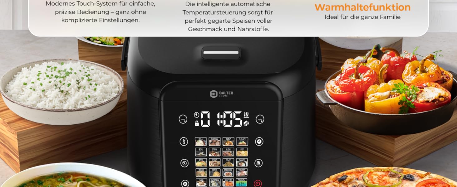 Бальтер рисоварка-мультиварка 4л з Fuzzy Logic, функцією приготування на пару та повільним приготуванням, таймером, підігрівом, преміум-посудинами, аксесуарами та книгою рецептів (20 програм)