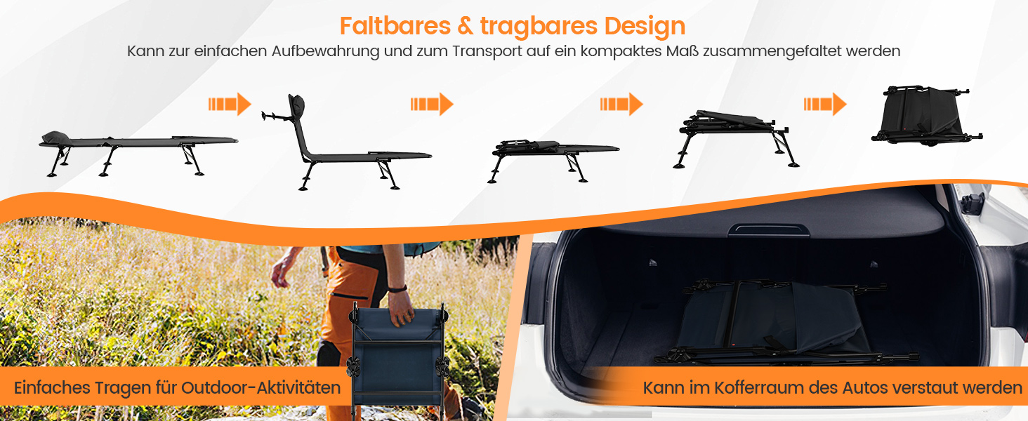 Складане ліжко для риболовлі та кемпінгу GOPLUS, посилене (до 200 кг), з регульованою спинкою (6 позицій) та спеціальними опорами для м'якого ґрунту, сіре