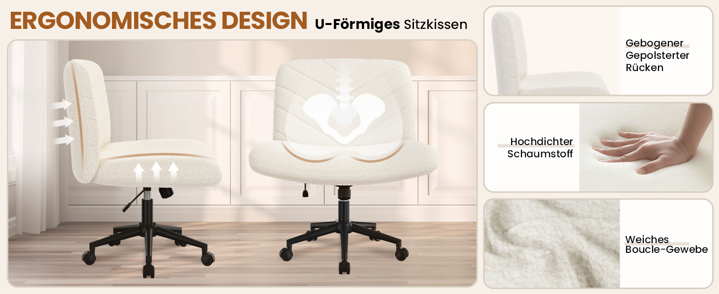 Офісне крісло Yaheetech з роликами, регульоване по висоті, з широким сидінням та середньою спинкою, для офісу та спальні, з колесами (слонова кістка)