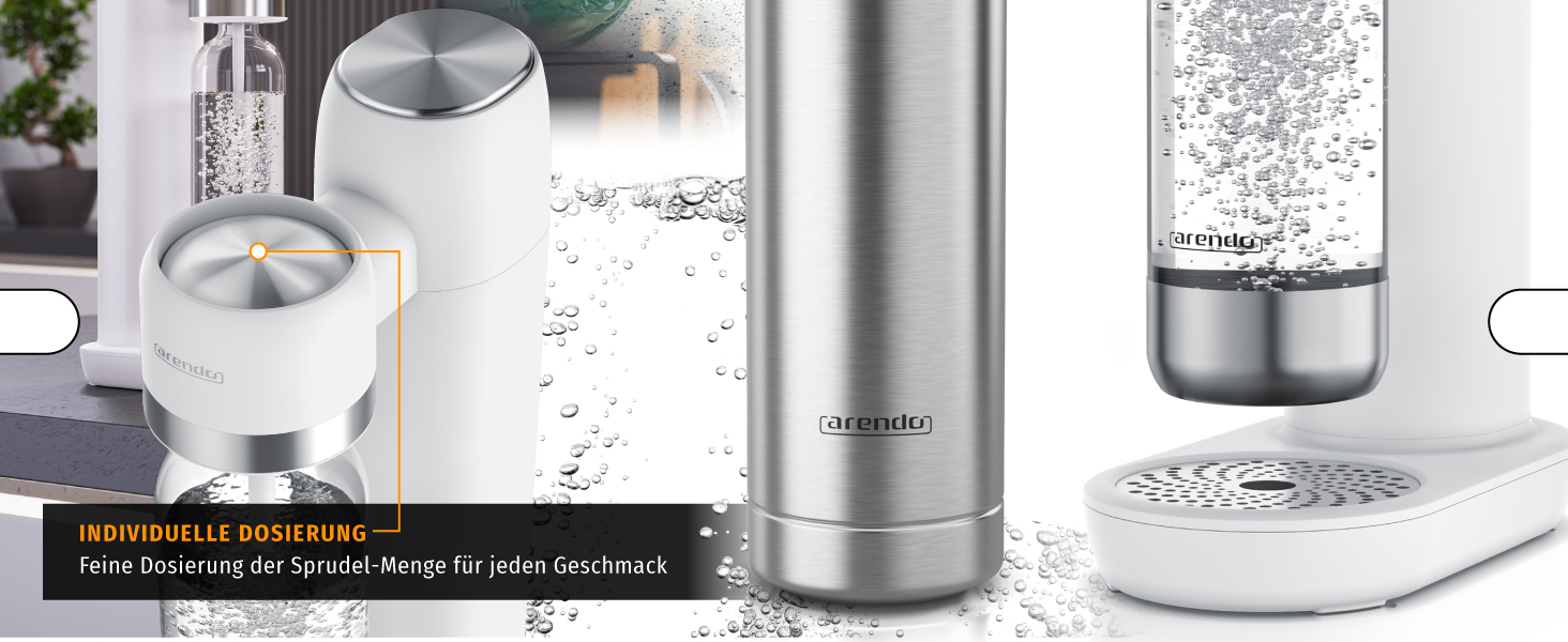 Сифон для газування води Arendo Soda Maker, набір з двома пляшками (1л пластикова BPA-free та 1л зі сталі), сумісний з циліндрами CO2 60л, білий