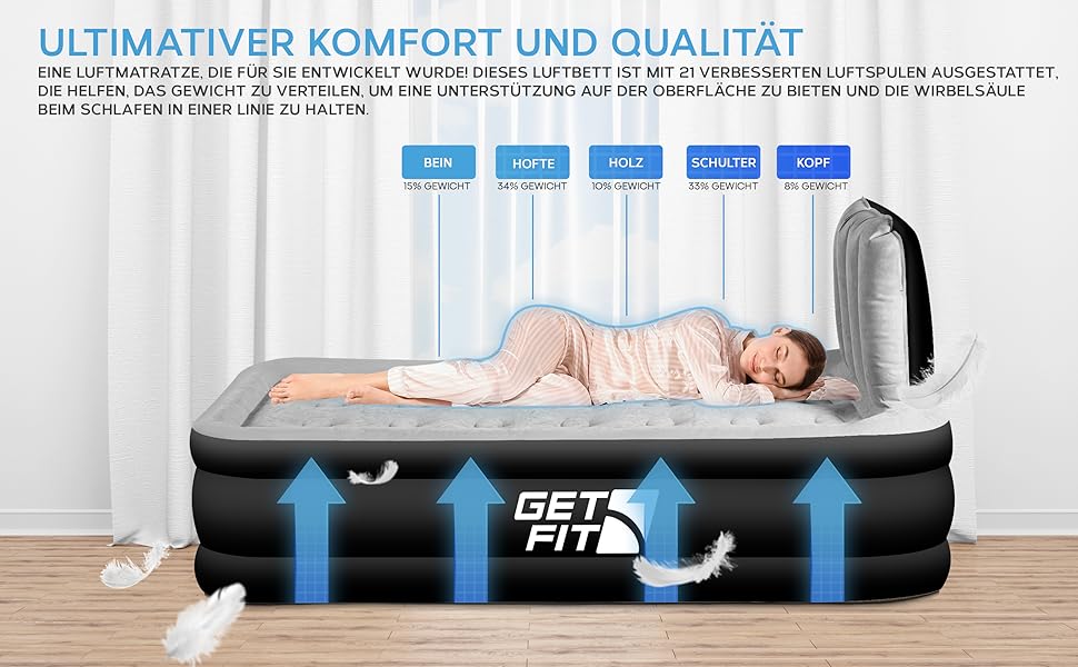 Надувне ліжко Get Fit з вбудованим електричним насосом - 99x196 см Premium Single Air Bed - Надувне ліжко з узголів'ям і безкоштовною надувною подушкою - Підняте надувне для кемпінгу односпальне - 99x196 см Чорний/Сірий