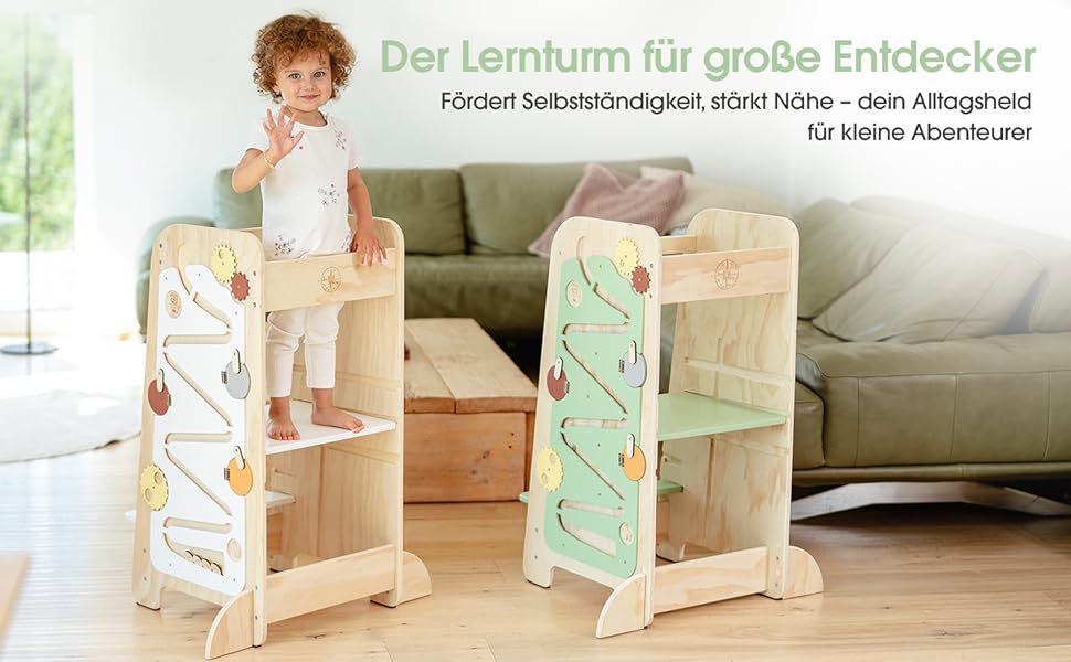 Дитячий навчальний столик-лесенка EXPLORER Kids® 5-в-1 | Монтессорі | Регульована висота, захист від перекидання | Розвиває моторику, вивчення чисел та форм | Дерев'яний, білий та салатовий | Від 1 року