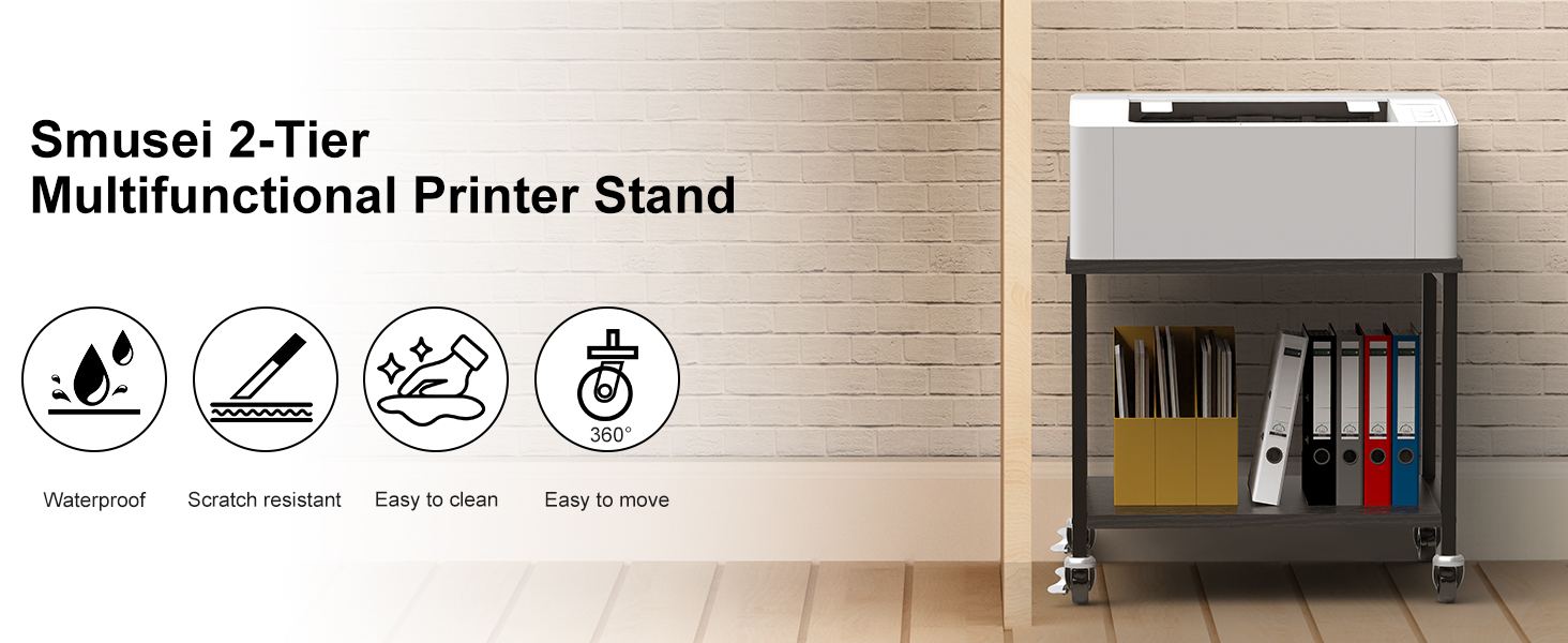 Підставка для принтера Smusei біла, 2-рівнева, з роликами, дерев'яна, для офісу, дому, школи, 42 x 30 x 35 см