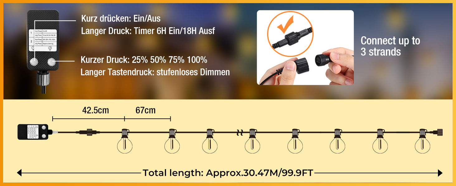 LED гірлянда світлодіодна зовнішня, димування, таймер, 15м, декоративні лампочки G40, тепле біле світло, пластик, вологостійка для саду, балкону, вечірки, павільйону, тераси