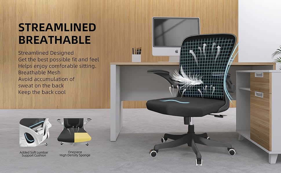 Офісний крісло Monhey з регулюванням висоти, поворотне, з відкидними підлокітниками, дихаюча сітка, регульована підголовник та інтелектуальна підтримка попереку – для дому та офісу (чорний)