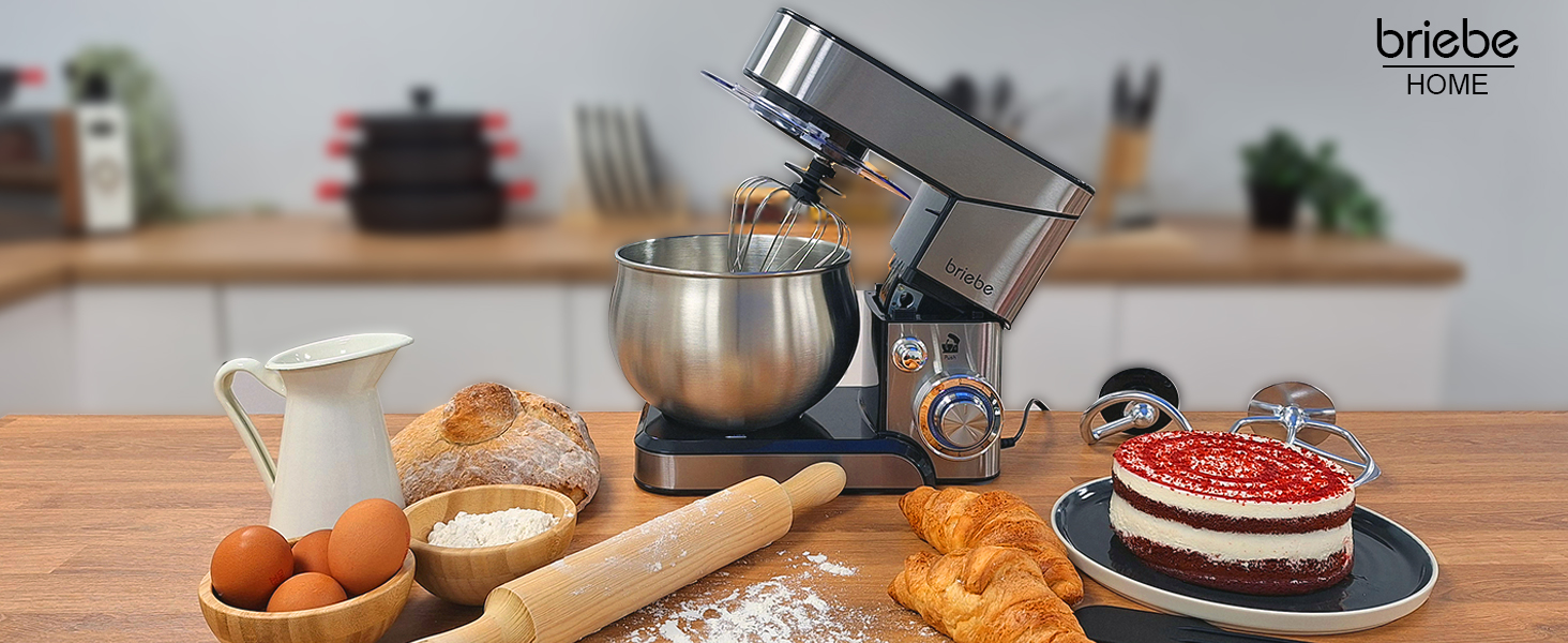 Професійна кухонна машина для замішування тіста Briebe KM1114, 1800W, 5л, 6 швидкостей, збірна чаша, міксер, гак для тіста, венчик
