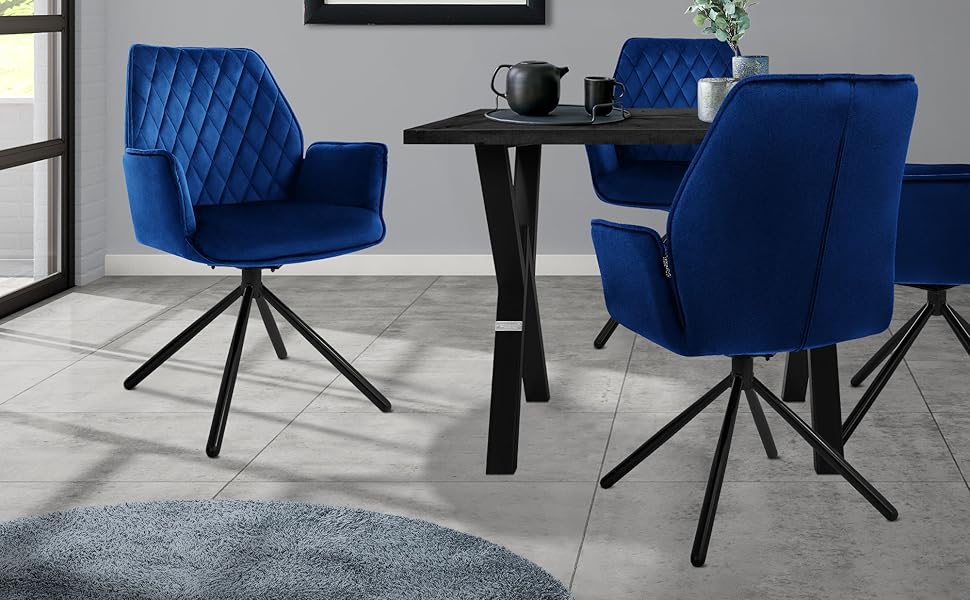 Крісла для їдальні ML-Design, комплект 6 шт., темно-синій, з м'яким сидінням та спинкою, оббивка з велюру, поворотні, з металевими ніжками
