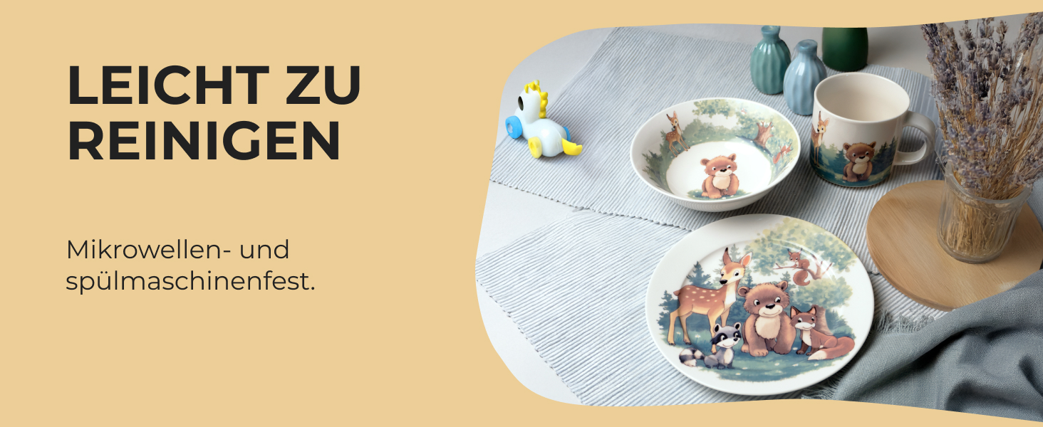 MIAMIO Набір дитячого посуду 3 шт. з порцеляни (тарілка, миска, чашка) - для дітей та малюків (ліс)